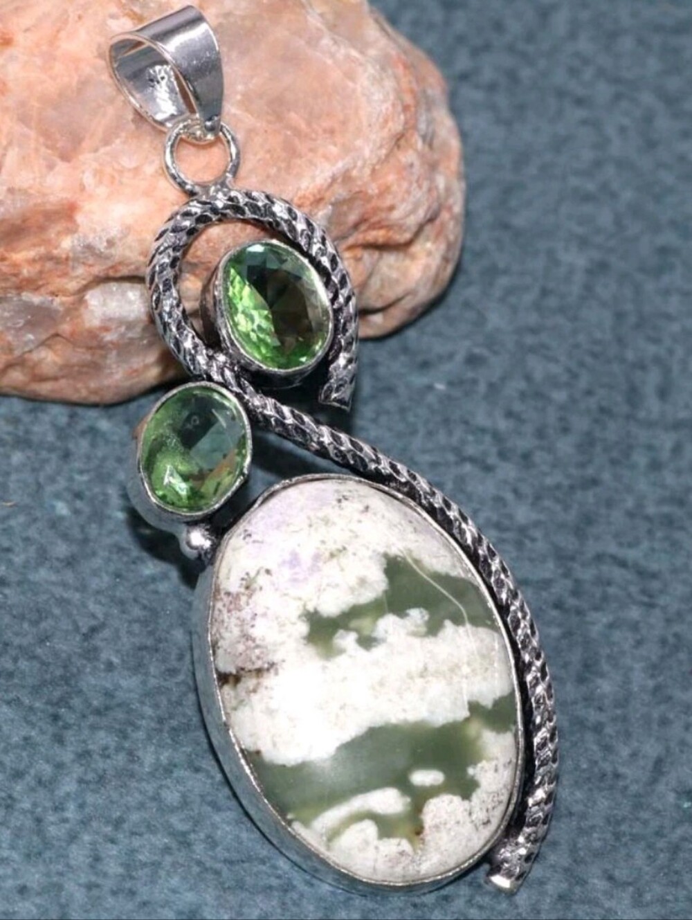 Peace Jade, Tsavorite Garnet Gemstone 925 Sterling Silver Pendant Necklace